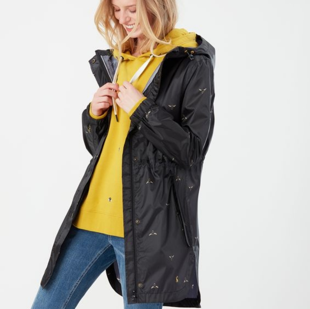 Joules Golightly Blackbee Printed Waterproof Packable Jacket Size US 10